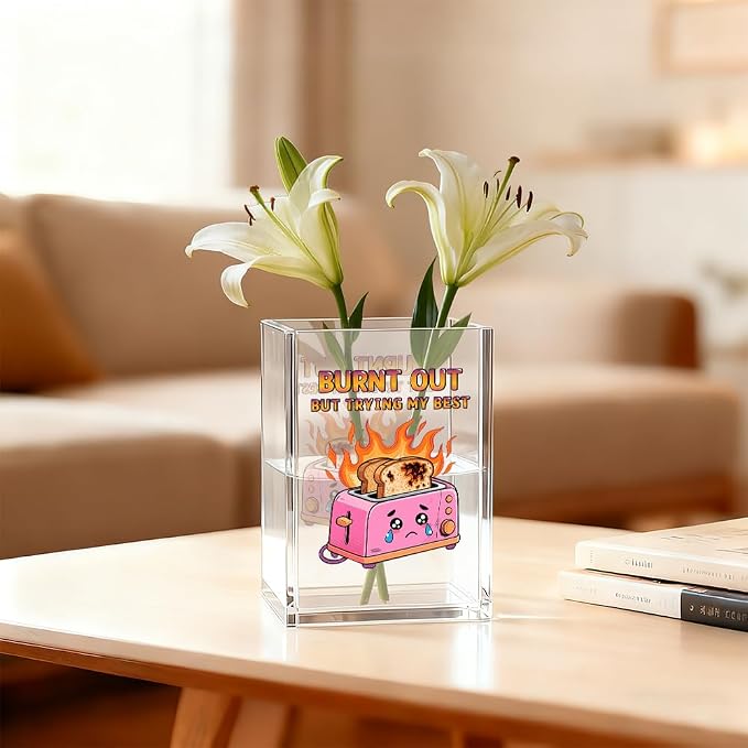 Burnt Out But Trying My Best Acrylic Pen Holder Cosmetic Organizer, Funny Dumpster Fire Pen Pencil Holders for Desk, Desk Accessories Office Gifts for Coworker Social Worker Teacher Therapist
