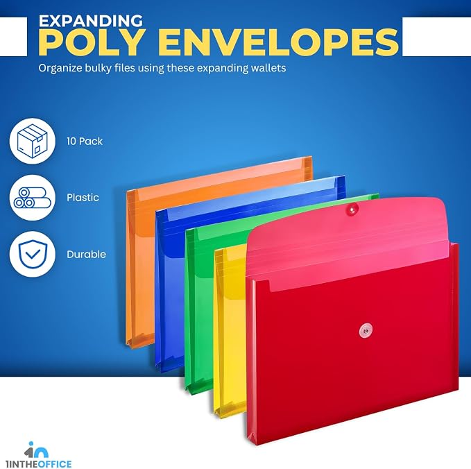 1InTheOffice Poly Envelopes Button & String Closure, Expanding Wallet, Legal Size, Assorted Colors, 10/Pack