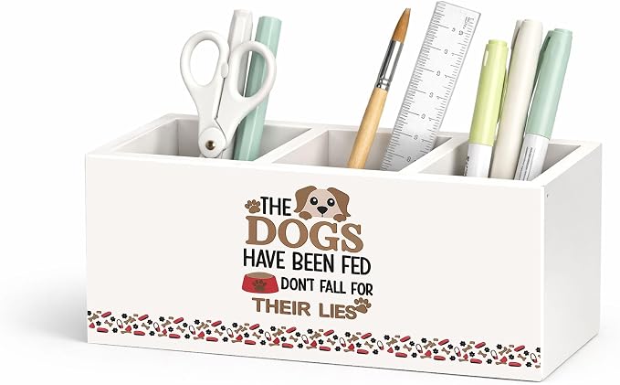 3-Compartment Desk Organizer for Pens, Pencils, Scissors & Ruler, Dog-Themed Wooden Pencil Holder, Cute Dog Quote Storage Box for Kids, Home & Office