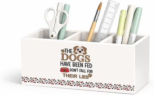 3-Compartment Desk Organizer for Pens, Pencils, Scissors & Ruler, Dog-Themed Wooden Pencil Holder, Cute Dog Quote Storage Box for Kids, Home & Office