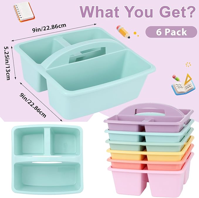 gisgfim 6 Pack Classroom Caddy with Handle Plastic Storage Caddy Organizer with 3 Compartments Desk Caddies Holder Portable Storage Bin for Pencil, Crayon, Marker, Home, Office, School Supply(Pastel)
