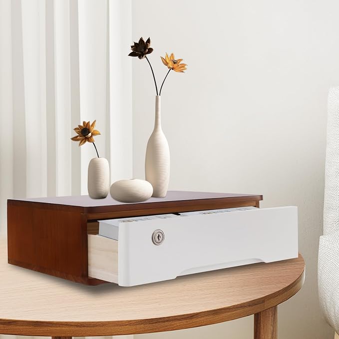 Wooden Desktop Storage Box with Lockable Drawers, Flat File Cabinet Drawer Desktop Storage Box, Countertop Storage Cabinet for Office Home Toiletries Supplies Vanity (walnut+white, 1 Drawer)