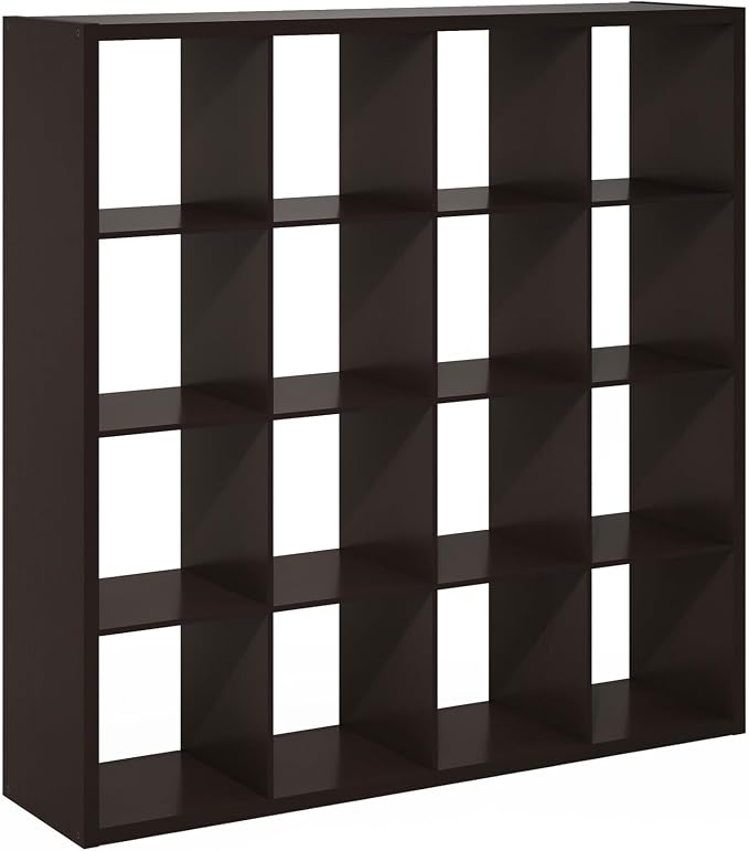 Furinno Cubicle Book Shelf, 16-Cube Bookshelf, Extra Thick Frame Reversible Bookcase with Open Back, 14.6" x 58" x 58", for Living Room, Bedroom, Home Office, Black Dark Oak