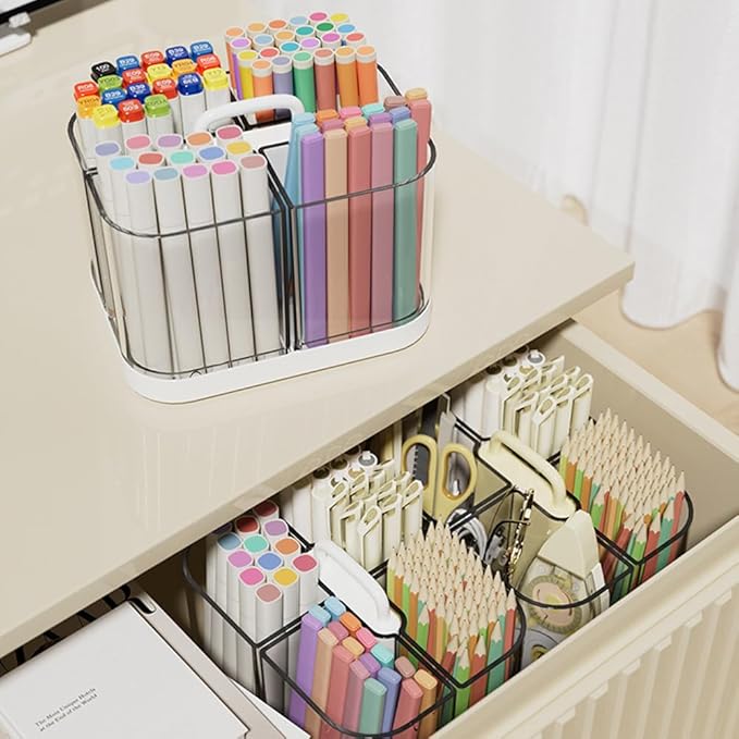Hggzeg Pen Holder with Handle and Base, Stackable Transparent Desk Caddy 4 Compartments, Plastic Cosmetics Storage Organizer, for Art Supplies, Crafts, Colored Pencils, Stationery, Markers (White)