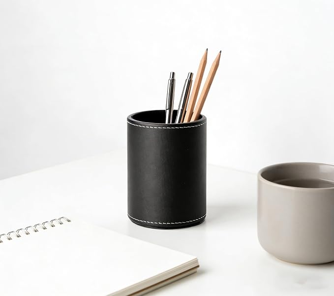 Round Pen Pencil Holder, PU Leather Pencil Cup, Desktop Stationery Organizer, Stand Desk Organizer, Office Accessories Container (Black)