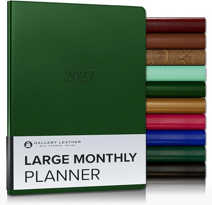 Gallery Leather Large Monthly Planner 2027, Elegantly Bound Calendar Planner and Notebook with Stylish Gold-Gilded Page Edges, 18 Months - Freeport Metallic Hunter - 9.75x7.5"