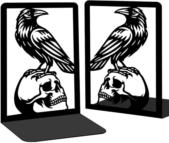 Raven and Skull Decor Gothic Metal Bookends for Shelves, Office Desk Organizer Book Ends for Heavy Books, Home Office Desk Bookshelf Decor Gift for Gothic Lovers and Reading Enthusiasts