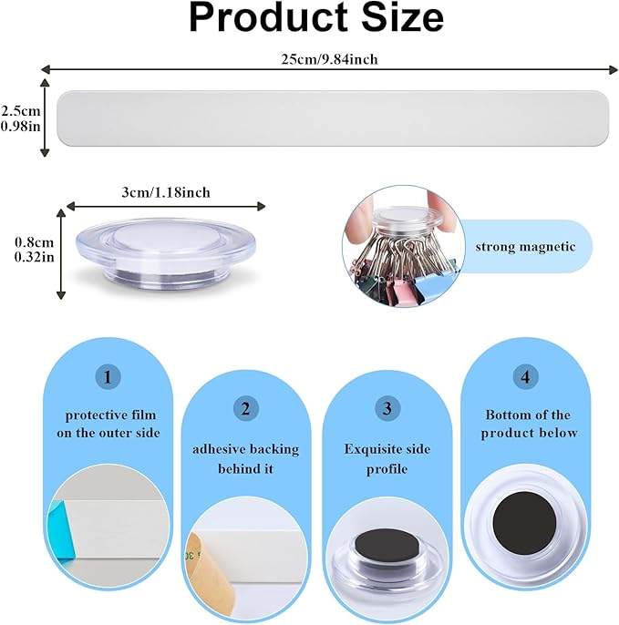 Magnetic Board - 2PCS Frameless Stainless Iron Magnetic Strips with Adhesive Backing, Magnet Board for Wall - Magnet Bulletin Memo Board, Includes 7 White Magnets for Office Home School Fridge