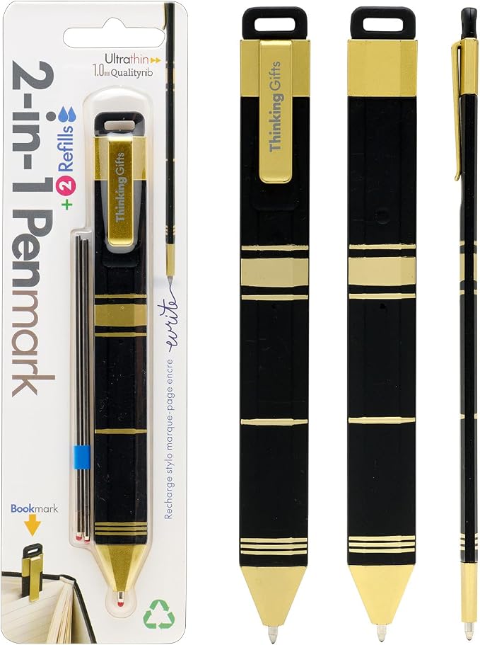 Gifts for Readers & Writers Pen Bookmark, Page Marker & Flat Writing Pen for Journal Notebook & Planner, Penmark Reading Accessory for Making Book Annotations, Black & Gold