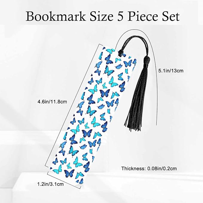 Blue Butterflies Bookmarks 5 Pcs with Tassels Insect Shiny Wooden Bookmarks for Reading Women Students Teacher Reader
