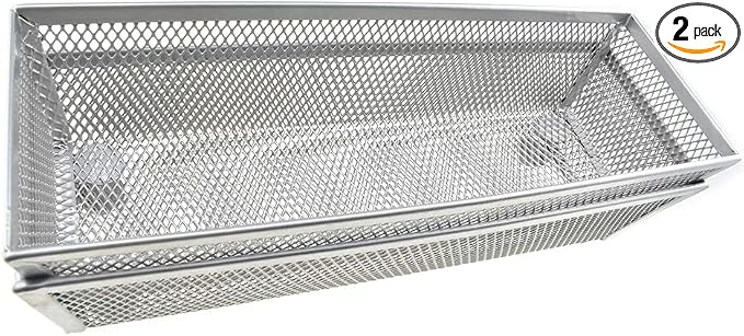 HAHIYO Stackable Mesh Tray Cup 9 x 3 x 2 inches Sturdy Container for Desk Drawer Organizer Collection for Home Office School kitchen Soft Foam Feet No Sharp Edges 2 Pack Silver