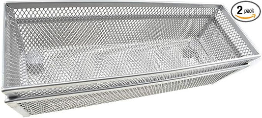 HAHIYO Stackable Mesh Tray Cup 9 x 3 x 2 inches Sturdy Container for Desk Drawer Organizer Collection for Home Office School kitchen Soft Foam Feet No Sharp Edges 2 Pack Silver