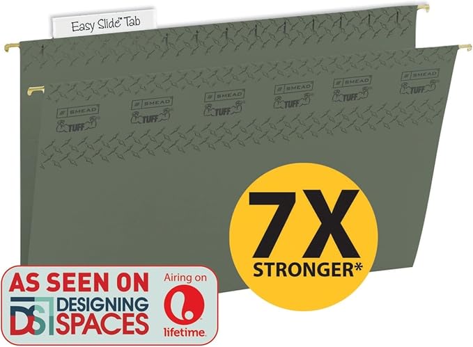 Smead TUFF Hanging File Folder with Easy Slide Tab, 1/3-Cut Sliding Tab, Legal Size, Standard Green, 20 per Box (64136, Rod Color May Vary)