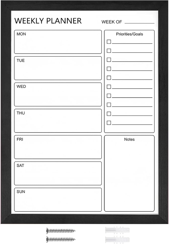 Dry Erase White Board Weekly Calendar Board, Magnetic Whiteboard for Wall,17.7“x23.6 Solid Wood Black Framed Message Board, Planner Board for Office, Home, School（Weekly-BB-BK-4560