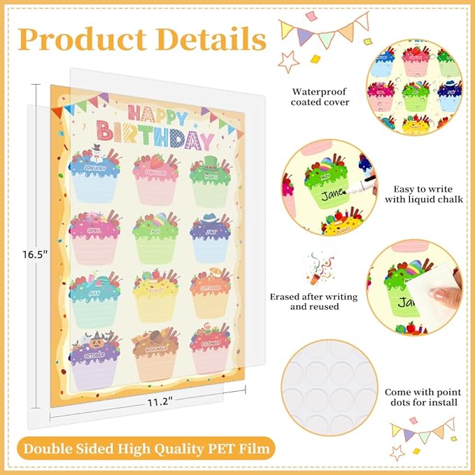D24TIME Birthday Poster Chart for Classroom-Cupcake Birthday Calendar for Classroom Decorations Waterproof Laminated Happy Birthday Poster for Bulletin Board Decorations Back To School Supplies