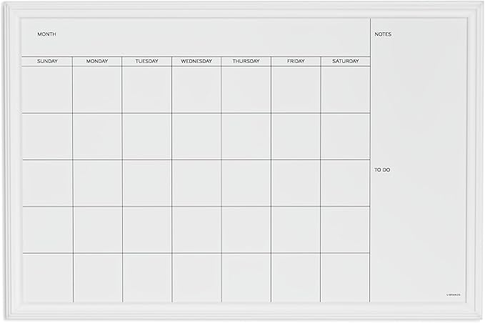 U Brands Magnetic Dry Erase Calendar White Board, 30" x 20", White Wood Style Frame, Includes Magnets