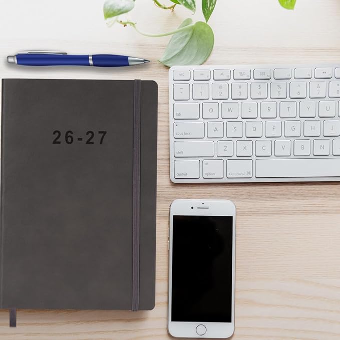 26-27 Academic Planner - Weekly and Monthly Planner, Jul 2026 - Jun 2027, Holidays, Contacts and Notes Pages, Vegan Leather Cover, Elastic Closure, 5.5”x8.25”, Grey