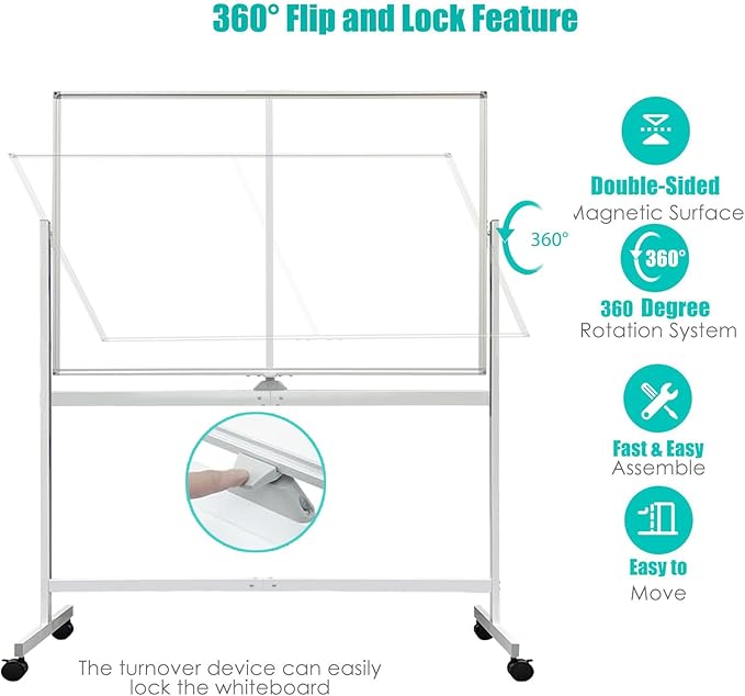 BIBOC Rolling Stand White Board 32×48 Inches, Double Sided Mobile Dry Erase Board with Aluminum Frame, 360 Rotating for Home Office Classroom