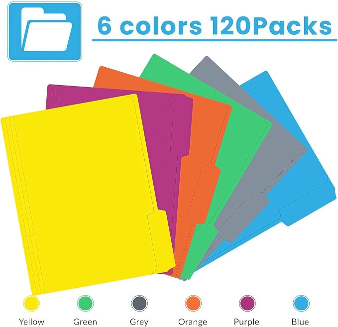 Colored File Folders 120 Pack, Letter Size 8.5 x 11 Manila Folders with 1/3 Cut Tabs, 6 Assorted Colors, Paper Filing Folders for Office, School and Home Documents