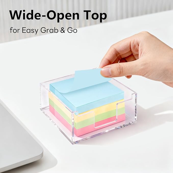 Clear Sticky Note Holder, Glitter Acrylic Organizer, 3.94 x 3.94 in Multi-Use Tray for Office, School & Home Desk