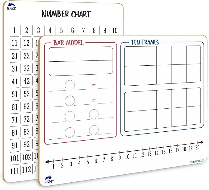 SCRIBBLEDO Bar Model, Ten Frame & Number Line 9x12 Double-Sided Dry Erase Math Manipulatives Board 1–120 Number Chart Reusable Whiteboard for Teacher Classroom Homeschool & Early Math Practice