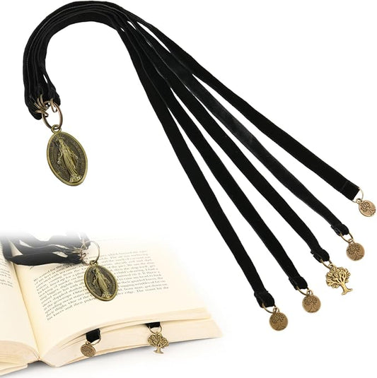 Bookmarks, Bible Bookmark - Black Velvet Bookmarks for Book Lovers with 5 Strings with Tree of Life Lucky Charm Pendant and Mother of God Charm, Christian Saint Book Mark, Ideal Christian Gift