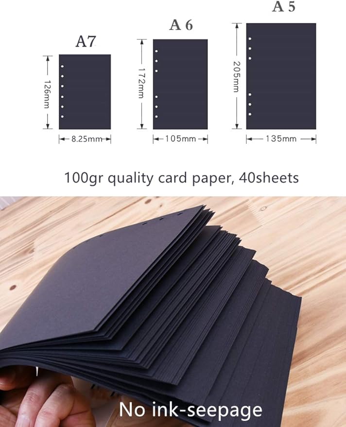 A6 Planner Refill, Refillable Notebook Paper, 6 Ring Binder Refill, for compatible with Filofax, Black Paper, All Blank, 2 Pages per Sheets, 40 Sheets in Total A6 3.74'' x 6.69''