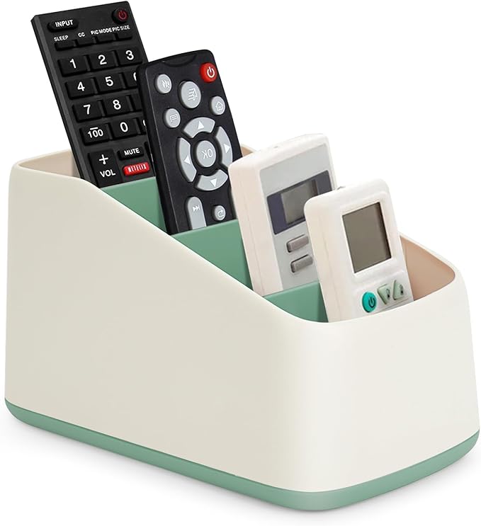 TV Remote Control Holder Organizer Box with 4 Compartments Remote Caddy Tray Table Desk Desktop Storage Organizer for Media Player，Makeup Brush,Pencil,Glassees，Office Supplies（Green）