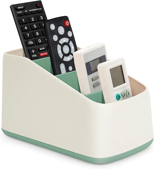 TV Remote Control Holder Organizer Box with 4 Compartments Remote Caddy Tray Table Desk Desktop Storage Organizer for Media Player，Makeup Brush,Pencil,Glassees，Office Supplies（Green）