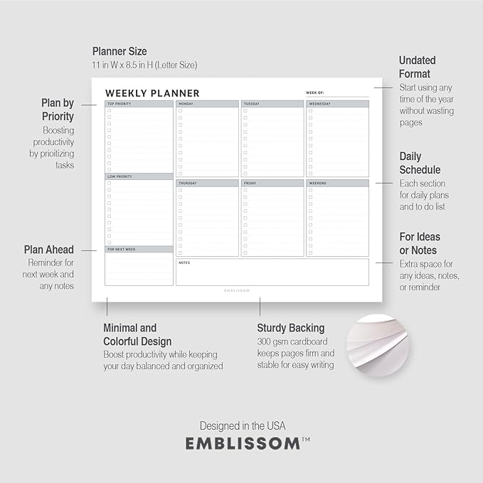 Weekly Planner Notepad, 8.5 x 11" Tear-Off Pad – 70 Undated Sheets, Daily Schedule Deck Organizer with Priorities, To Do List & Checklist for School, Work, Home (White, Checkbox, 1 Pack)