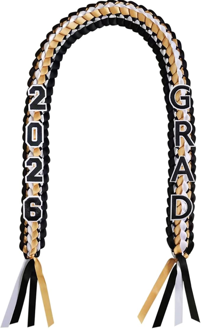 Graduation Leis 2026 Money Ribbon Leis for Graduation Class of 2026 Braided 48inch Graduation Necklace for High School,College Graduation Party Gifts,Black,White and Gold