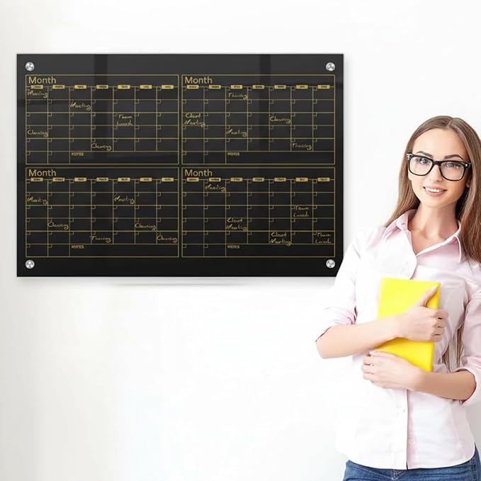 Glass Whiteboard Calendar Dry-Erase White Board Planner Glass Large Wall Mounted Calendar with Marker Tray for Wall Home or Office(Black,36" X 24",4 Month)