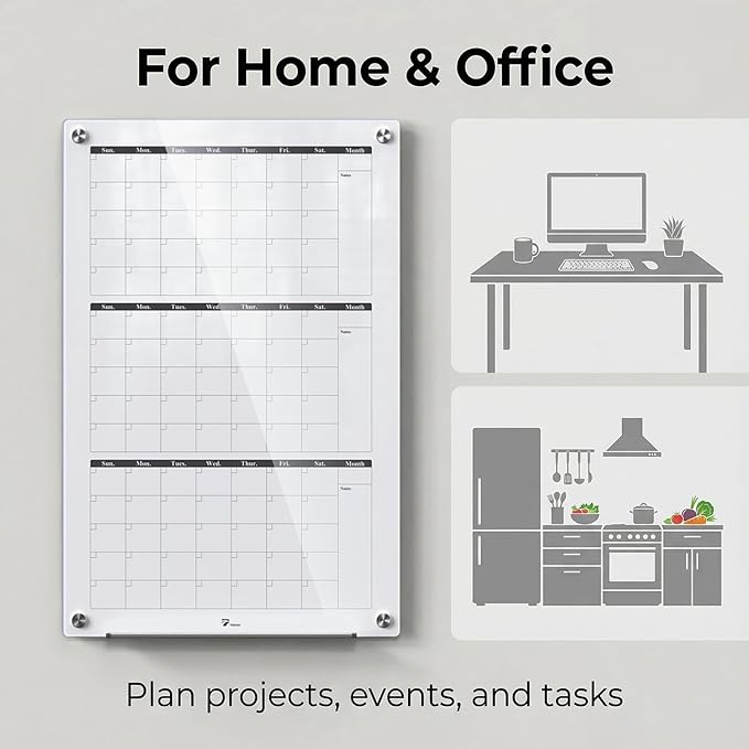 3-Month Vertical Layout 24'' x 36'' Magnetic Glass Dry Erase Calendar Board for Wall, Whiteboard Planner, Reusable Monthly Frameless Quarterly Whiteboard for Office, Home & Classroom with Accessories