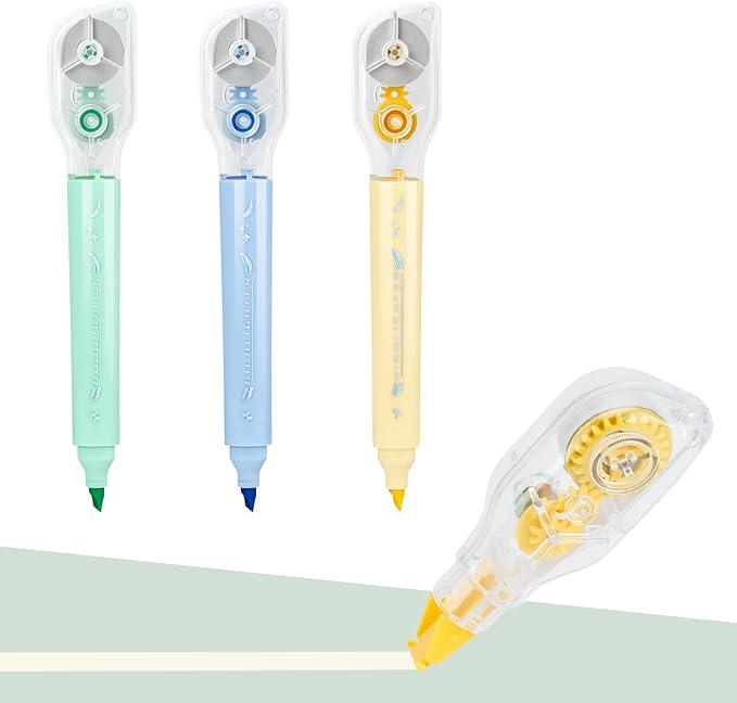 Temiary 3 Pcs 2 In 1 Aesthetic White Correction Tape and Pastel Highlighters Set, Smooth Pull Out Tape with Highlighter Pen for Bible Journaling School, Home, and Office Supplies (Multicolored)