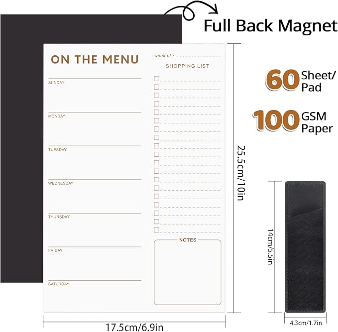 60 Sheets Meal Planner for fridge with Pen Holder, 7x10'' Magnetic Meal Planners and Grocery List Undated Weekly with Tear off Shopping List and Shopping, White