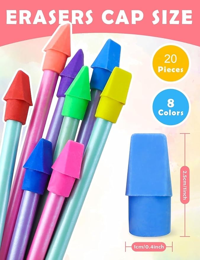 20PCS Colorful Pencil Eraser caps - Perfect as Pencil top Eraser for Students, Art Drawing, Teachers, and School or Office Supplies - Durable and Suitable for Both Kids and Adults