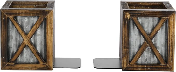 MyGift Rustic Decorative Bookends, Book Ends for Shelves with Pen Holder, for Home Office Classroom, Dorm Room, Desk, Burnt Wood with Corrugated Galvanized Metal Accent