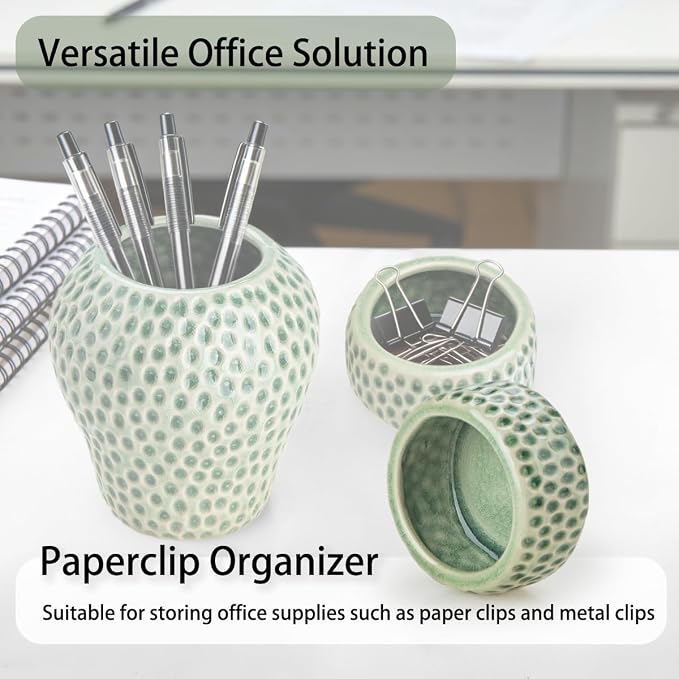 Ceramic Paper Clip Holder, Strawberry Pen Holder Set, Cute Pen Holder for Desk Storage Set of 2, Office, School, Home Decor(Green)