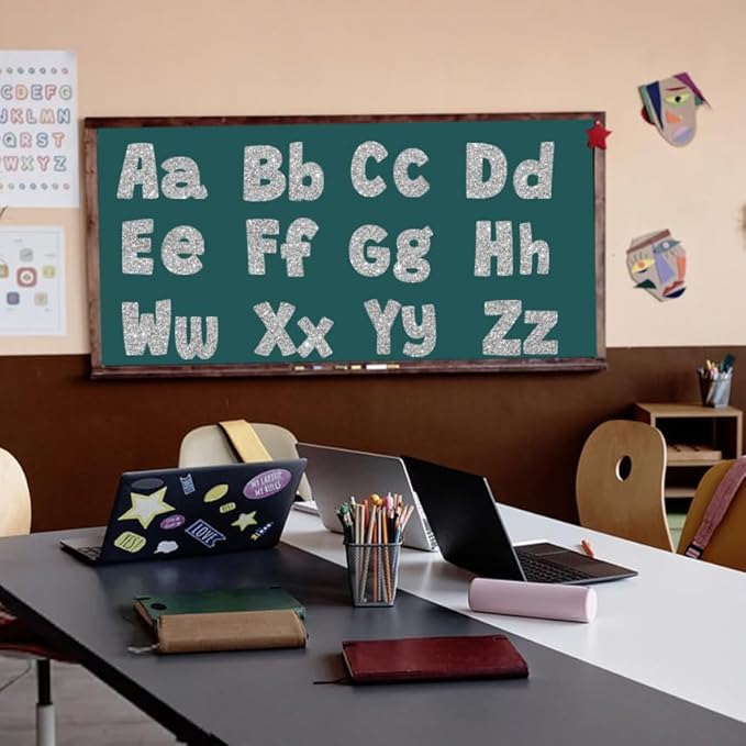 225Pcs Glitter Bulletin Board 4inch Letters with Adhesive Dots Punctuation Symbols Cutout for Classroom Numbers Alphabet School Display Decorating Supplies (Silver)