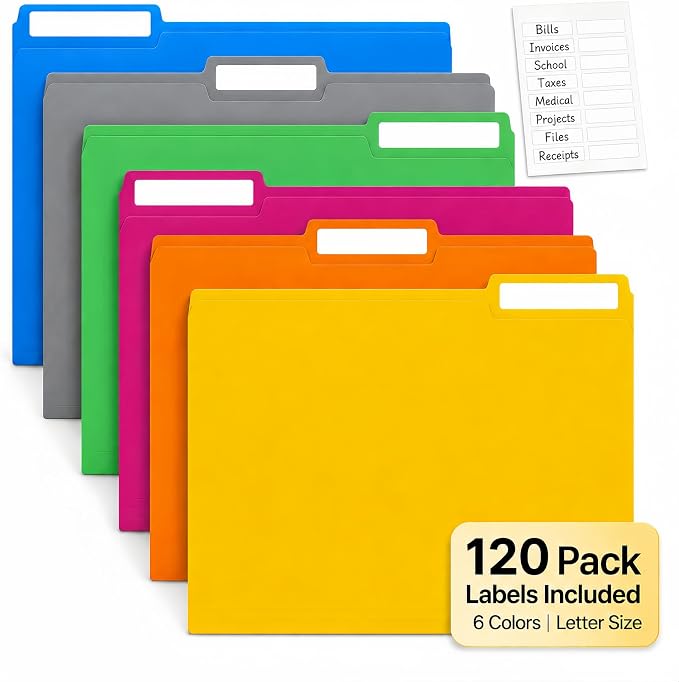 Colored File Folders 120 Pack, Letter Size 8.5 x 11 Manila Folders with 1/3 Cut Tabs, 6 Assorted Colors, Paper Filing Folders for Office, School and Home Documents