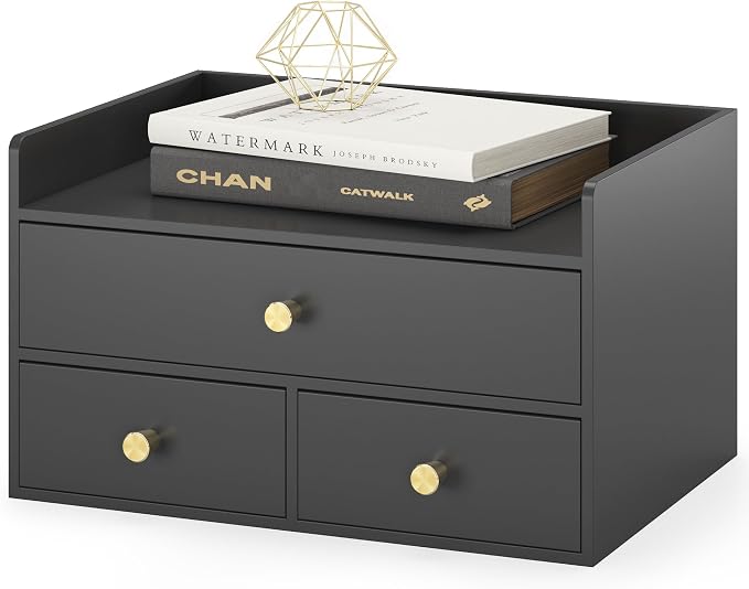 Bamboo Desk Organizer with Drawers Wooden Desktop Storage Drawers (1, Black 3 Drawers)