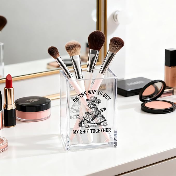 On The Way To Get Acrylic Pen Holder Cosmetic Organizer, Funny Raccoon Turtle Pen Pencil Holders for Desk, Desk Accessories Sarcastic Office Gifts for Coworker Raccoon Lover Teacher Friend