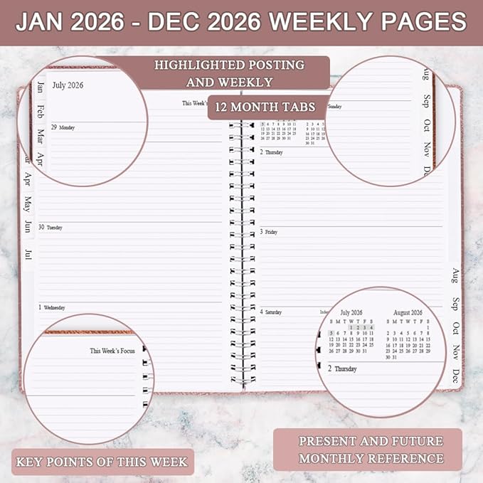 Planner 2026 - Weekly & Monthly Planner Runs from January 2026 to December 2026, 8.5 x 11", 12 Month Tabs, Inner Pocket, PU Leather Cover with Twin-Wire Binding, Monthly Planners 2026, Rose