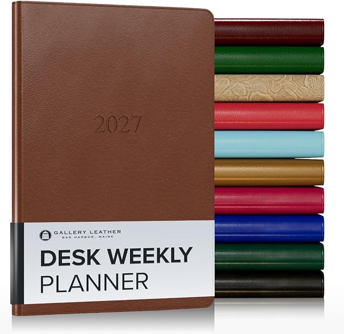 Gallery Leather Desk Weekly Monthly Planner 2027, Elegantly Bound Calendar Planner and Notebook with Stylish Gold-Gilded Page Edges, 12 Months - Monhegan Saddle - 8x5.5"
