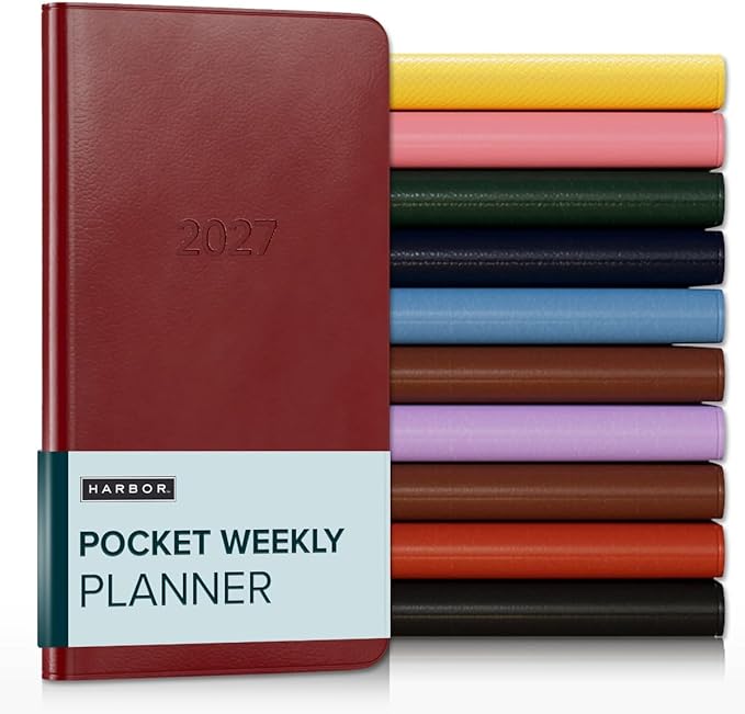 Harbor Pocket Weekly Monthly Planner 2027, Calendar Planner and Notebook, Durable Faux Leather, 192 Pages, Softcover & Book Bound - Cambridge Red - 6x3.25"