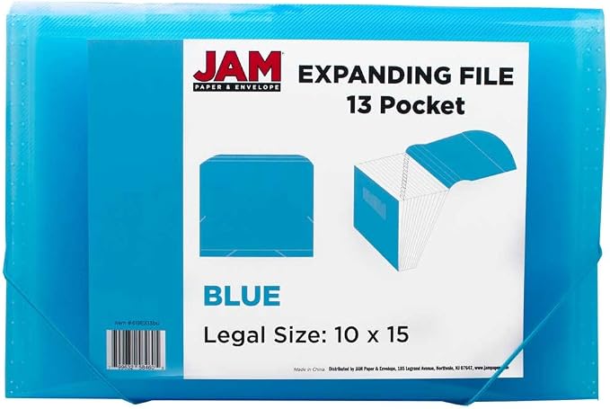 JAM PAPER Accordion Folders - 13 Pocket Plastic Expanding File - Legal Size - 10 x 15 - Blue - 2/Pack