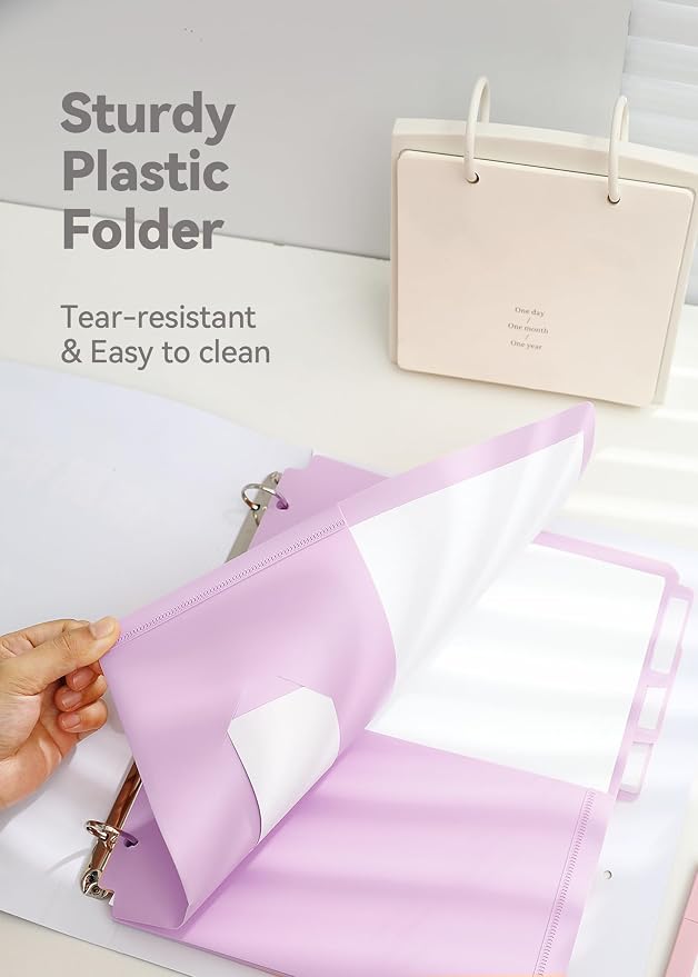 SortRax Plastic Folders with Pockets 3 Hole Punched, 6 Pack Purple Pocket Folders for 3 Ring Binder, Unique 1/3 Cut Tabs with Colorful Labels, Letter Size