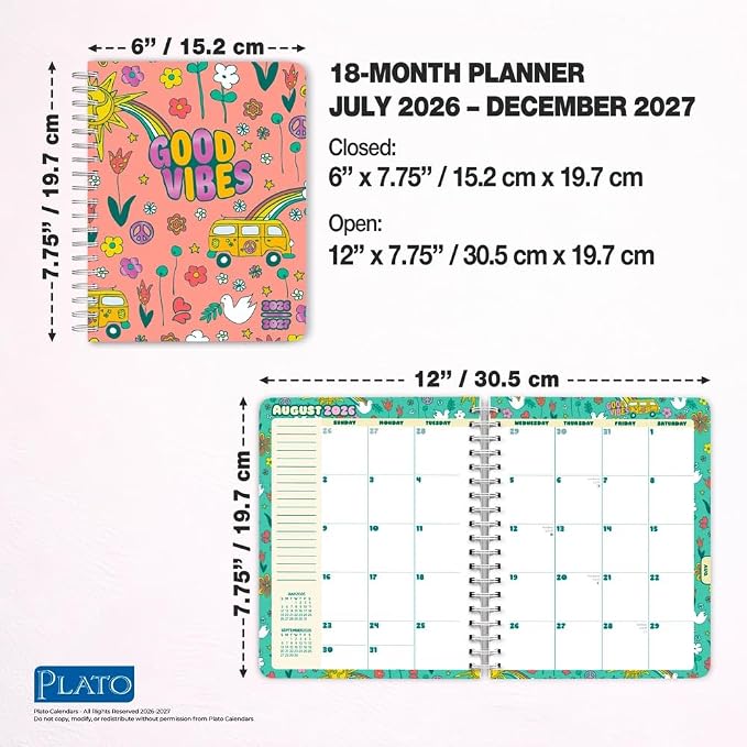 Good Vibes | 2027 6 x 7.75 Inch 18 Months Weekly Desk Planner | Foil Stamped Cover | July 2026 - December 2027 | Plato | Planning Stationery