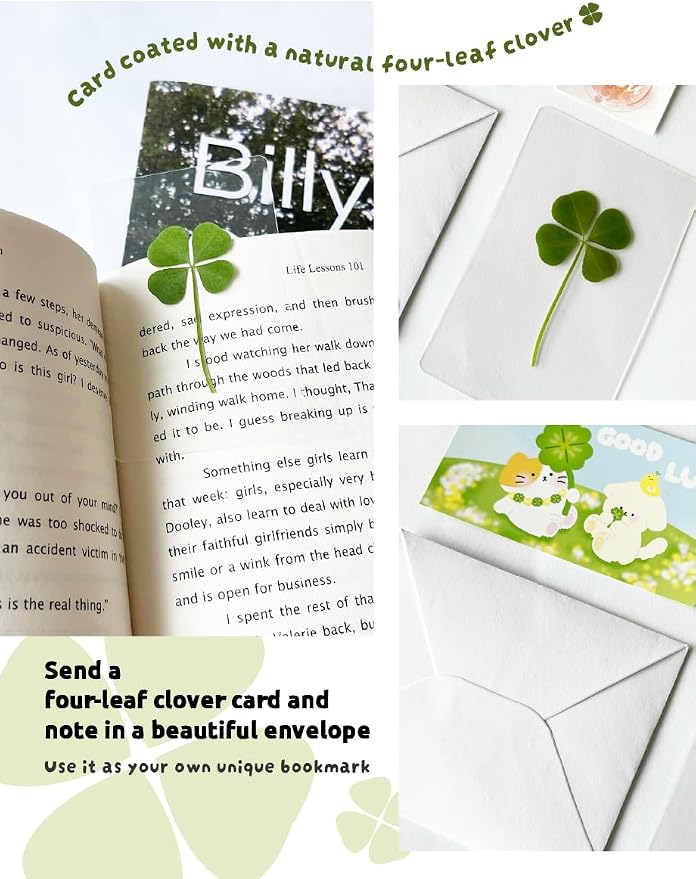 Genuine Real Four-Leaf Clover Bookmark, Elegant Four-Leaf Clover Bookmark, Smartphone, Wallet Coated Gift Thank You Card Four-Leaf Clover Gift (Cute Character Card)