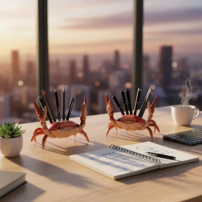 2PcsCreative Crab Pen Holder Weightlifting Crabs Pen Stand Storage Rack, Office Desktop Decoration, Pencil Holders Desk Supplies Holders and Dispensers, Desk Accessories and Workspace Organizers (Red)